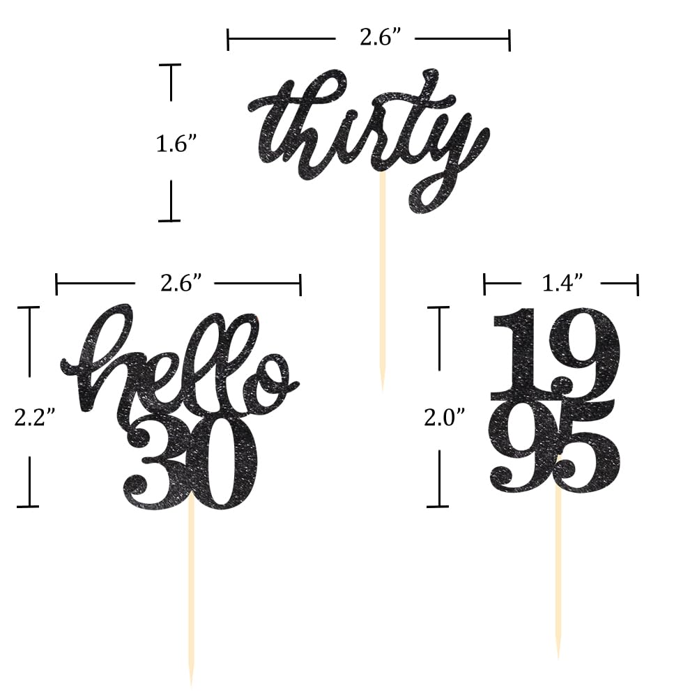BCHOCKS 24 Pcs Cupcake Toppers - Black Glitter for 30th Birthday Party Decorations