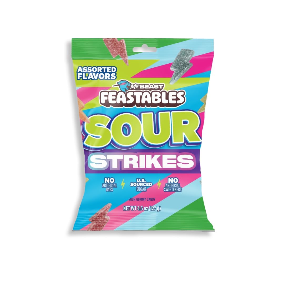Feastables Mrbeast Strikes Sour Candy  Mixed Gummies With Watermelon  Green Apple  Strawberry  and Raspberry Flavors  Candy for mature-themeds & Kids as Snacks or Dessert  Made With Fairtrade Sugar  12CT