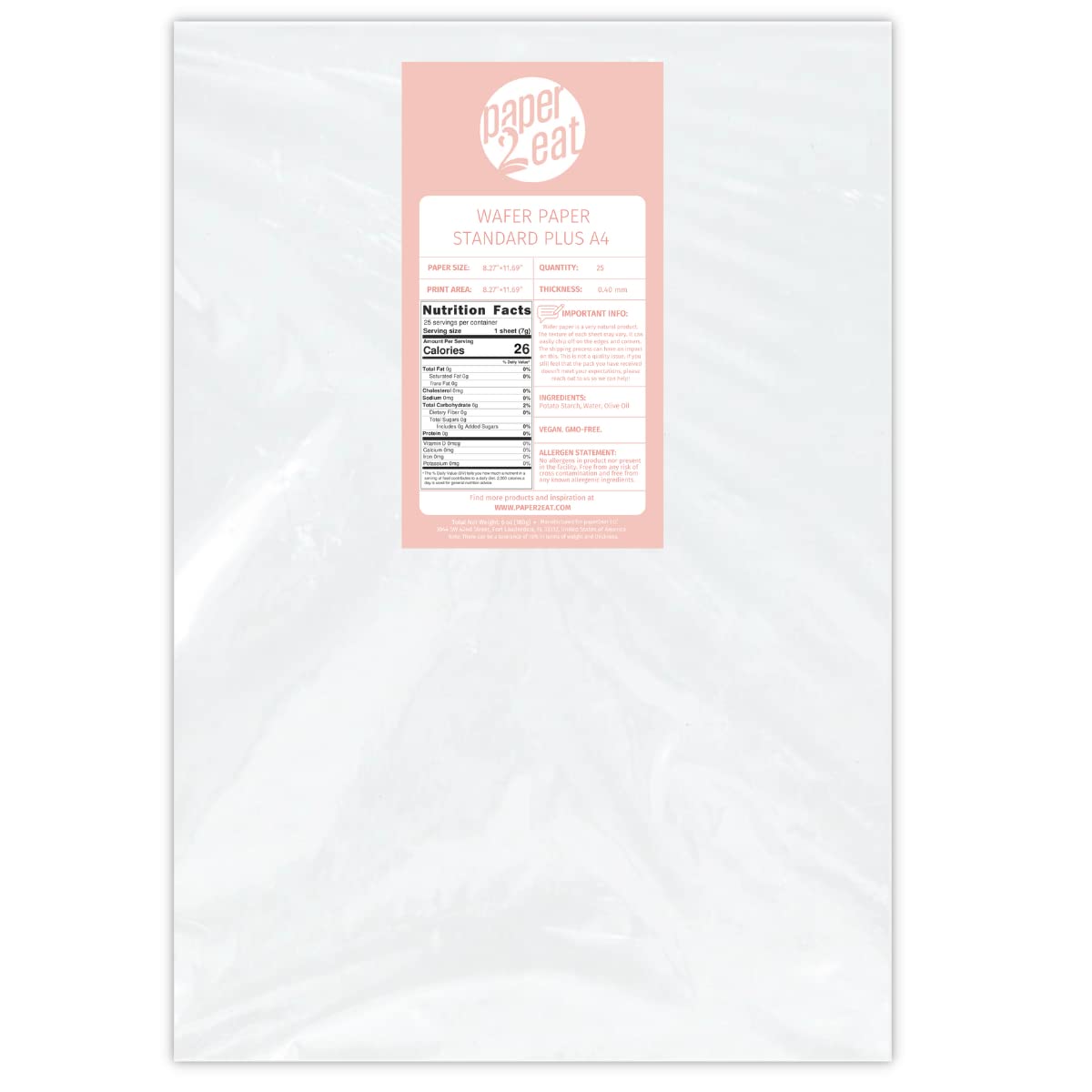 Paper2Eat Wafer Paper Sheets Standard Plus 8.5 X 11 - 25 Count - 0.40 Mm - Edible Printer Paper