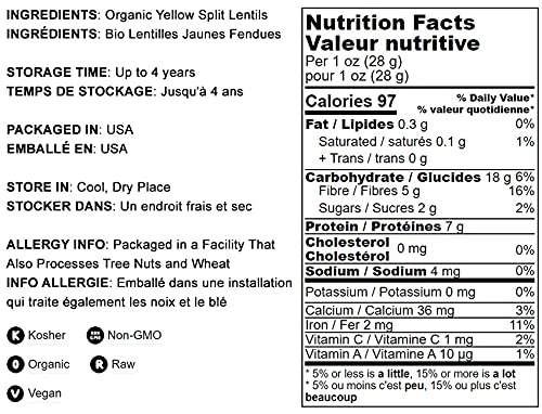 Food To Live Organic Yellow Split Lentils, 6 Pounds Non-Gmo, Raw, Dried, Vegan, Kosher, Bulk, Good Source Of Protein, Fiber, And