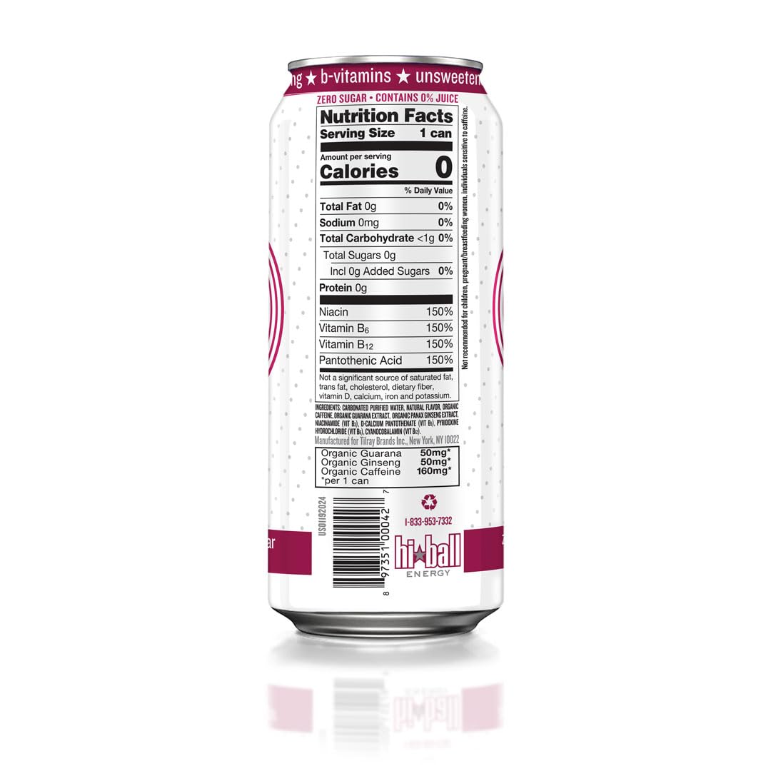 Hiball Clean Energy Drink - Wild Berry - Zero Sugar, 16 Fl Oz (8-Pack) - 160mg Organic Caffeine, 50mg Ginseng, 50mg Guarana