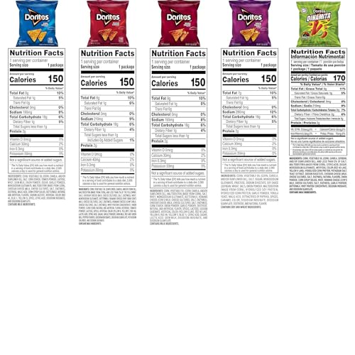 Doritos Tortilla Chips, 5 Flavor Variety Pack, Single Serve Bags (40 Pack), Nacho Cheese, Cool Ranch, Spicy Nacho, Dinamita, Spi