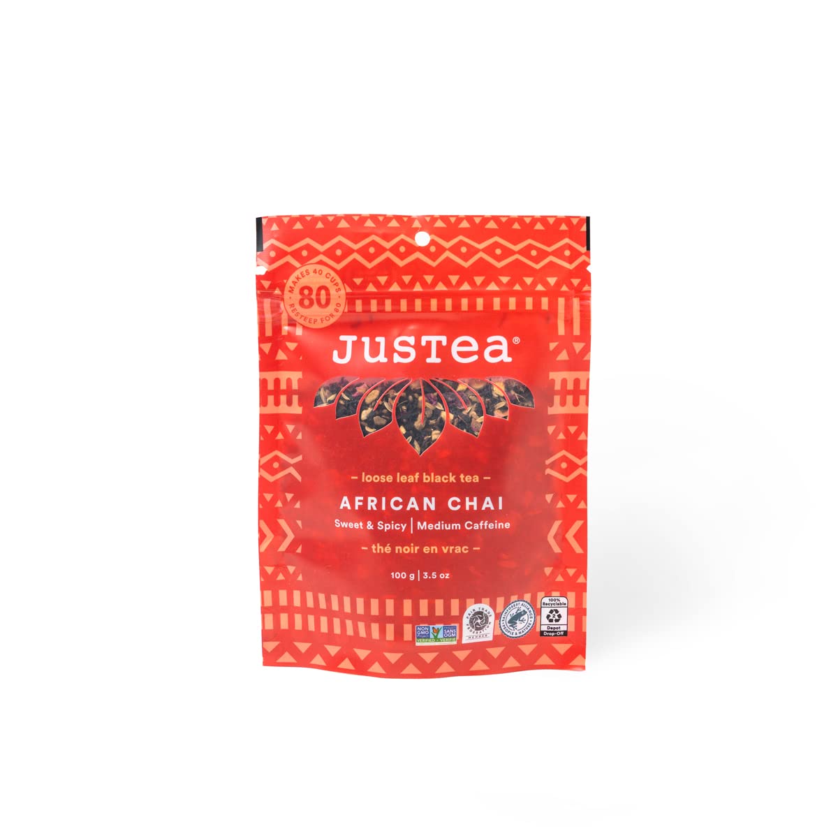 JusTea African Chai Loose Leaf Black Tea - 3.5oz Recyclable Pouch, Medium Caffeine, Fair Trade, Non-GMO, 40+ Cups