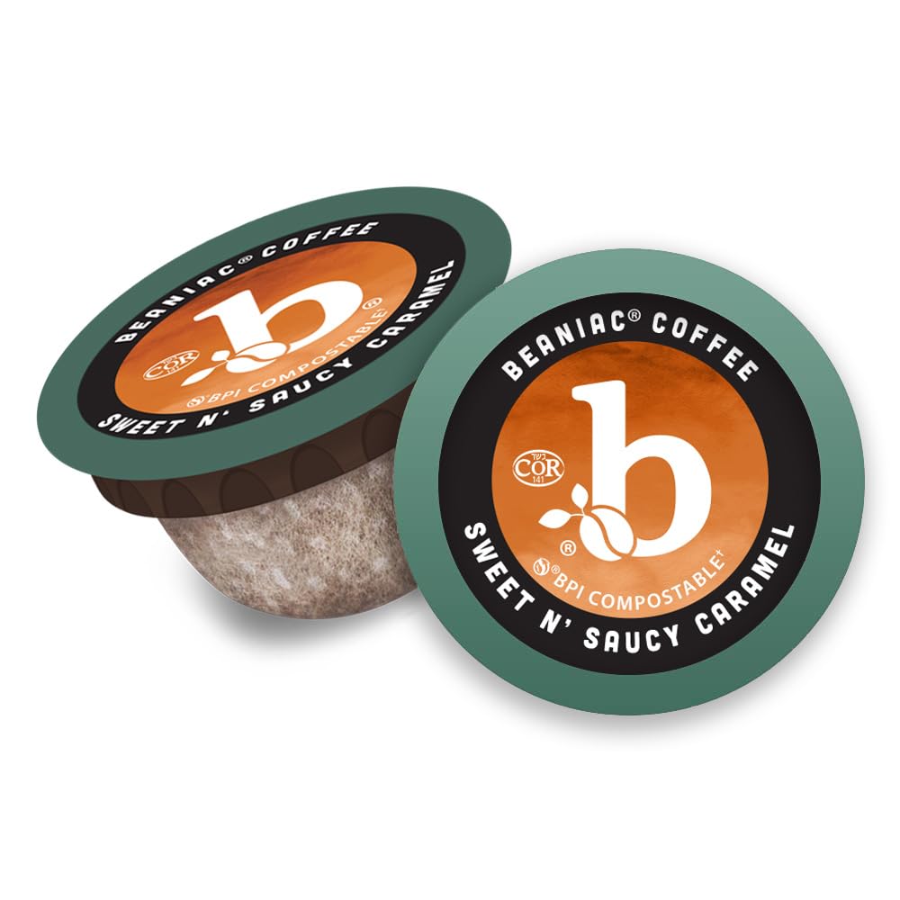 beaniac Sweet n' Saucy Caramel Light Roast K Cup Coffee Pods, 30 Count, Compostable, Arabica Coffee, Compatible with Keurig Brewer