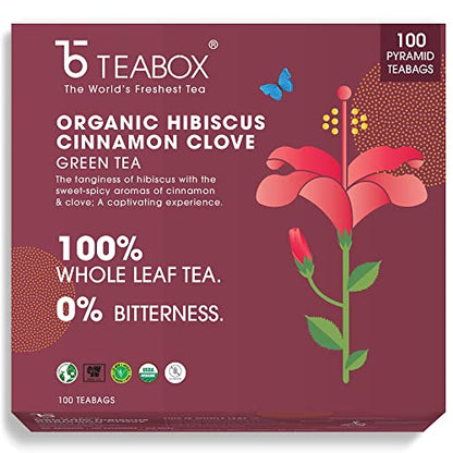Teabox ORGANIC Hibiscus Cinnamon Clove Green Tea Bags 100 pcs | 100% Natural Hibiscus, Cinnamon & Clove