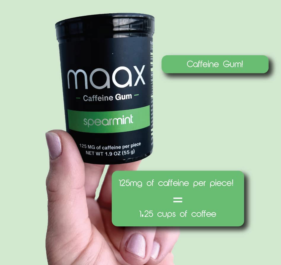 Maax Caffeine Energy Gum | Spearmint Flavor | 125mg Caffeine per Piece | 25 Count