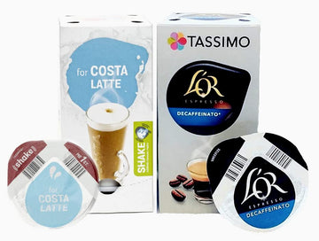 Tassimo Decaf Latte Coffee T-Discs: 48X Costa Latte Milk & 48X L'Or Espresso Decaf Pods (Sold Loose)