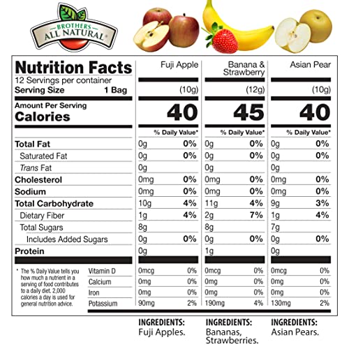 Brothers All Natural Freeze Dried Fruit Crisps, Variety Pack, 24 Single Serve Bags, Fuji Apple, Asian Pear, Banana Strawberry, M