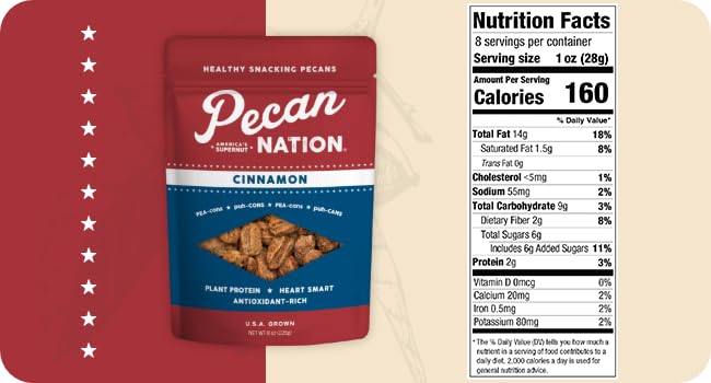 Pecan Nation Cinnamon Flavored Roasted Pecan Halves, 8 oz, Non-GMO, Natural, Antioxidant-Rich, Healthy Snack, Brown