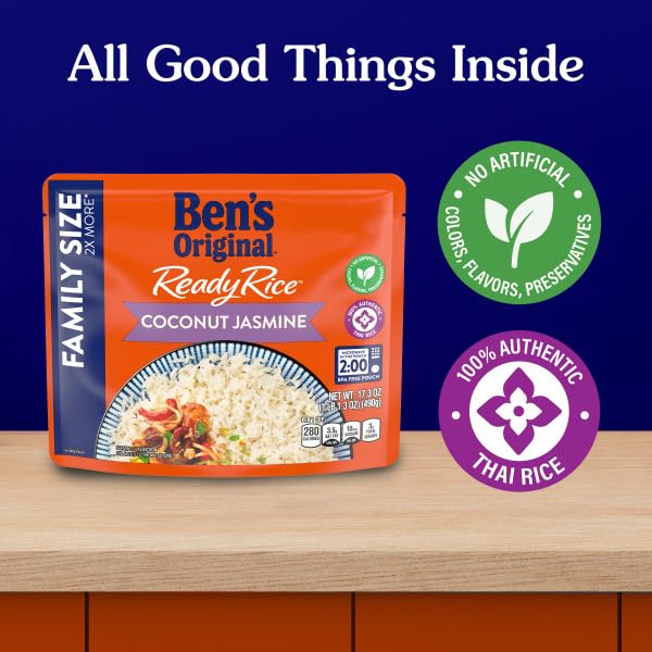 Ben'S Original Ready Rice Coconut Jasmine Family Size Rice, Easy Dinner Side, 17.3 Oz Pouch (Pack Of 6)