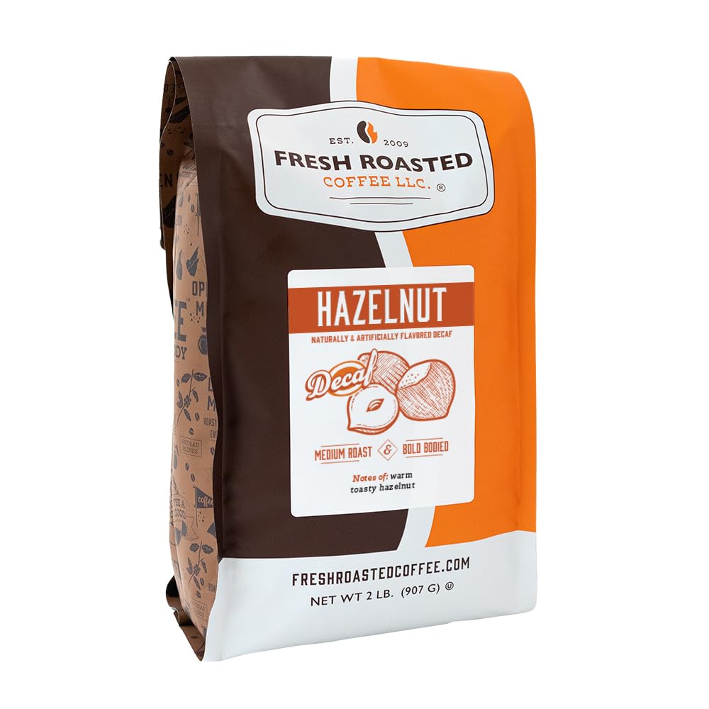 Fresh Roasted Coffee Decaf Hazelnut Flavored Whole Bean, Medium Roast, 2 lb (32 oz)