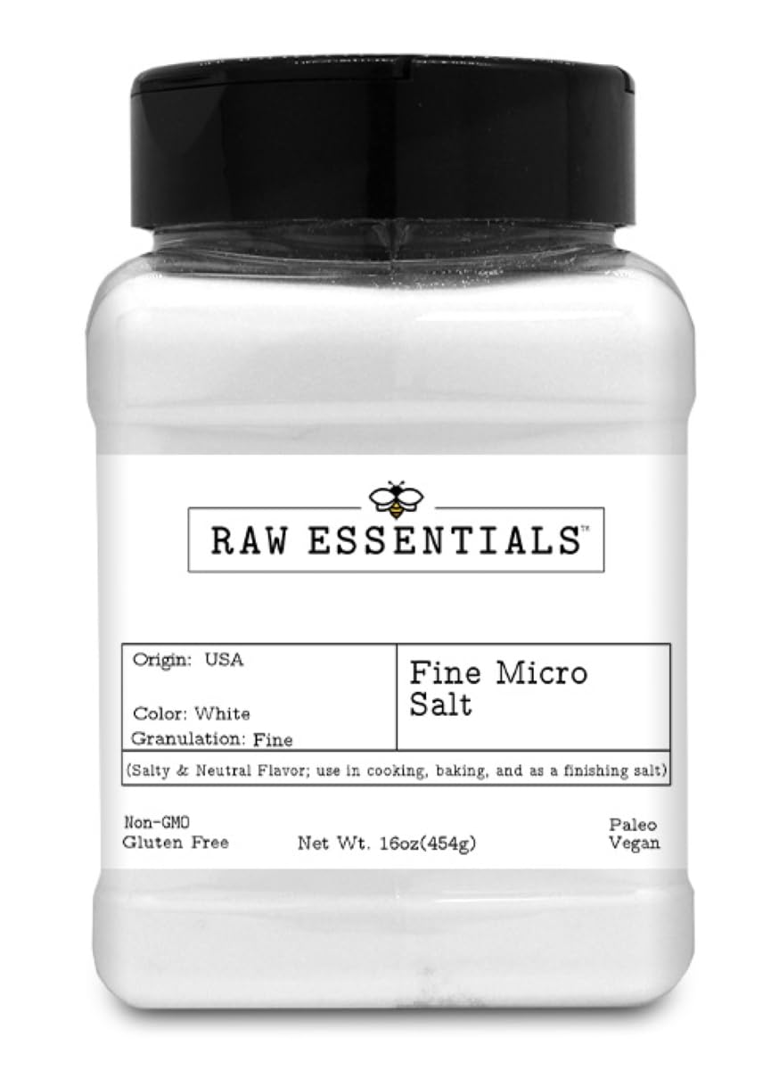 Raw Essentials Fine Micro Salt – Salty & Neutral Flavor – Used In Cooking, Baking, And Popcorn And Fry Finishing Salt – Non-Gmo, Gluten Free, Vegan, Paleo - 16 Ounce Bottle