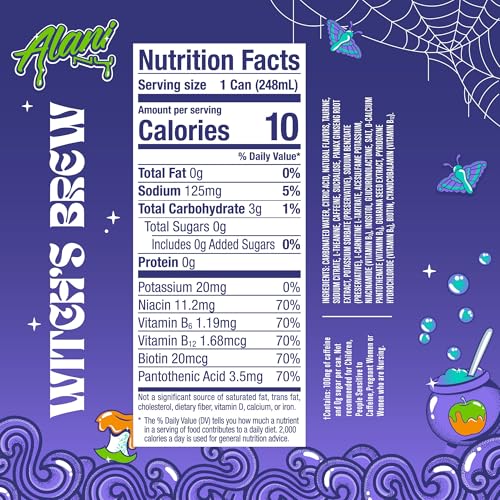 Alani Nu WITCHES BREW  Low Calorie Energy Drinks  100mg Caffeine  Biotin  B Vitamins  Zero Sugar  10 Calories or Less  8 Fl Oz Cans  12 Pack