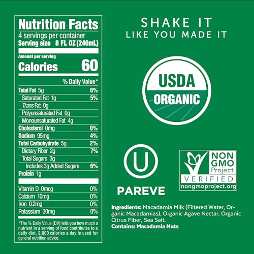 Milkadamia Macadamia Milk, Kosher, USDA Certified Organic, Gluten Free & Non-GMO, 32 Fluid Ounce (Pack of 6)