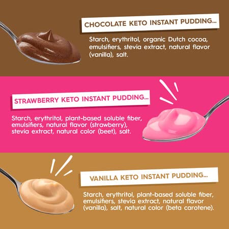 Simply Desserts Vanilla, Strawberry & Chocolate Instant Pudding, Sugar-Free, Variety 12-Pack - Healthy Dessert, Keto Snacks, Veg