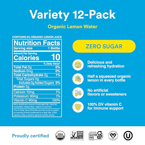 Lemon Perfect 4-Flavor Variety Pack, Hydrating Flavored Lemon Water, Zero Sugar, Delicious and Refreshing, Organic, 15.2 fl oz B