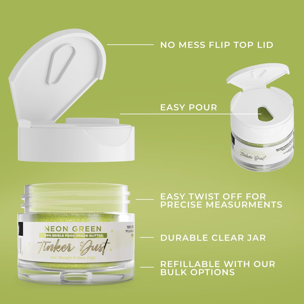 Bakell - Neon Green Tinker Dust (5G, 1X Jar) Edible Glitter For Food, Desserts, And Beverages!