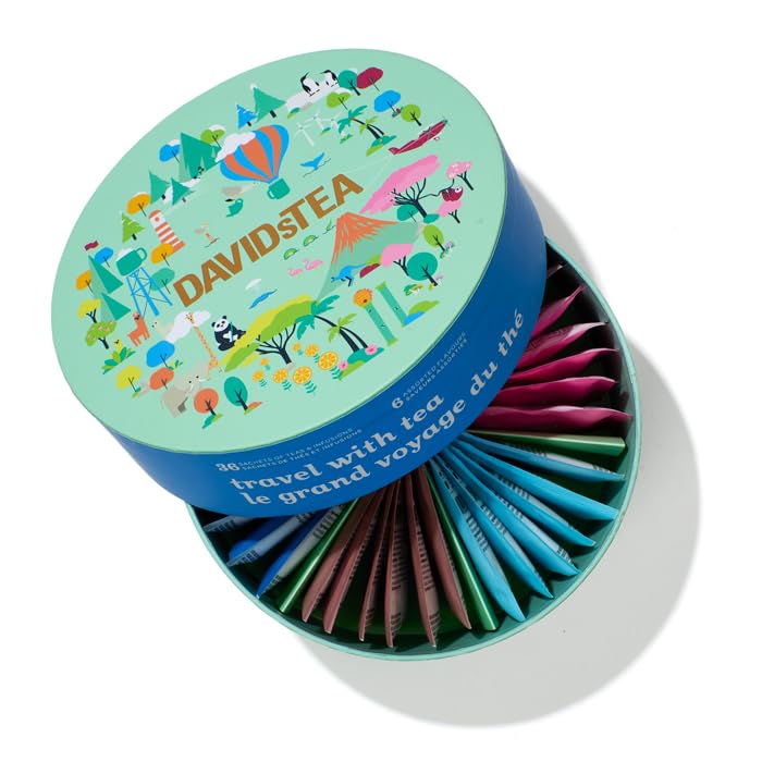 Davidstea 36-Sachet Travel With Tea Sachet Teas Wheel – Around-The-World Tea Sampler Gift Set | 6 Loose-Leaf Flavours: Organic Japanese Sencha, Organic Saigon Chai, Maple Chais, Hazelnut Chocolate, Lavender Earl Grey & Horchata Chai