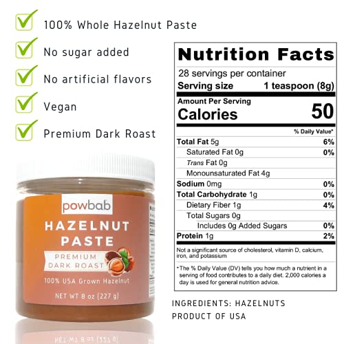powbab Hazelnut Paste - Sugar Free, Non-GMO, Vegan - 8 oz (Pack of 1) - Premium Dark Roast Flavor