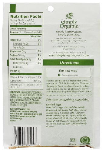 Simply Organic Spinach Dip Mix, Certified Organic, Gluten-Free | 1.41 Oz | Pack Of 12