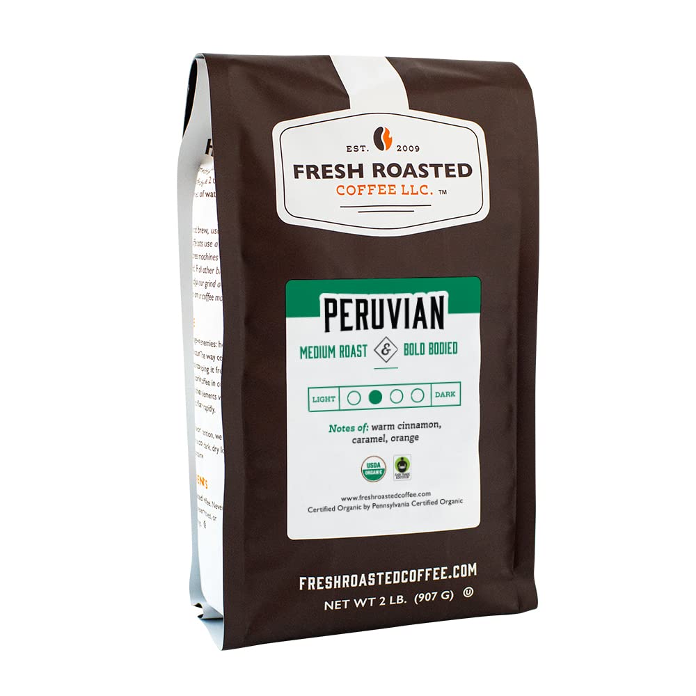 Fresh Roasted Coffee, Organic Peru, 2 Lb (32 Oz), Medium Roast, Fair Trade Kosher, Whole Bean