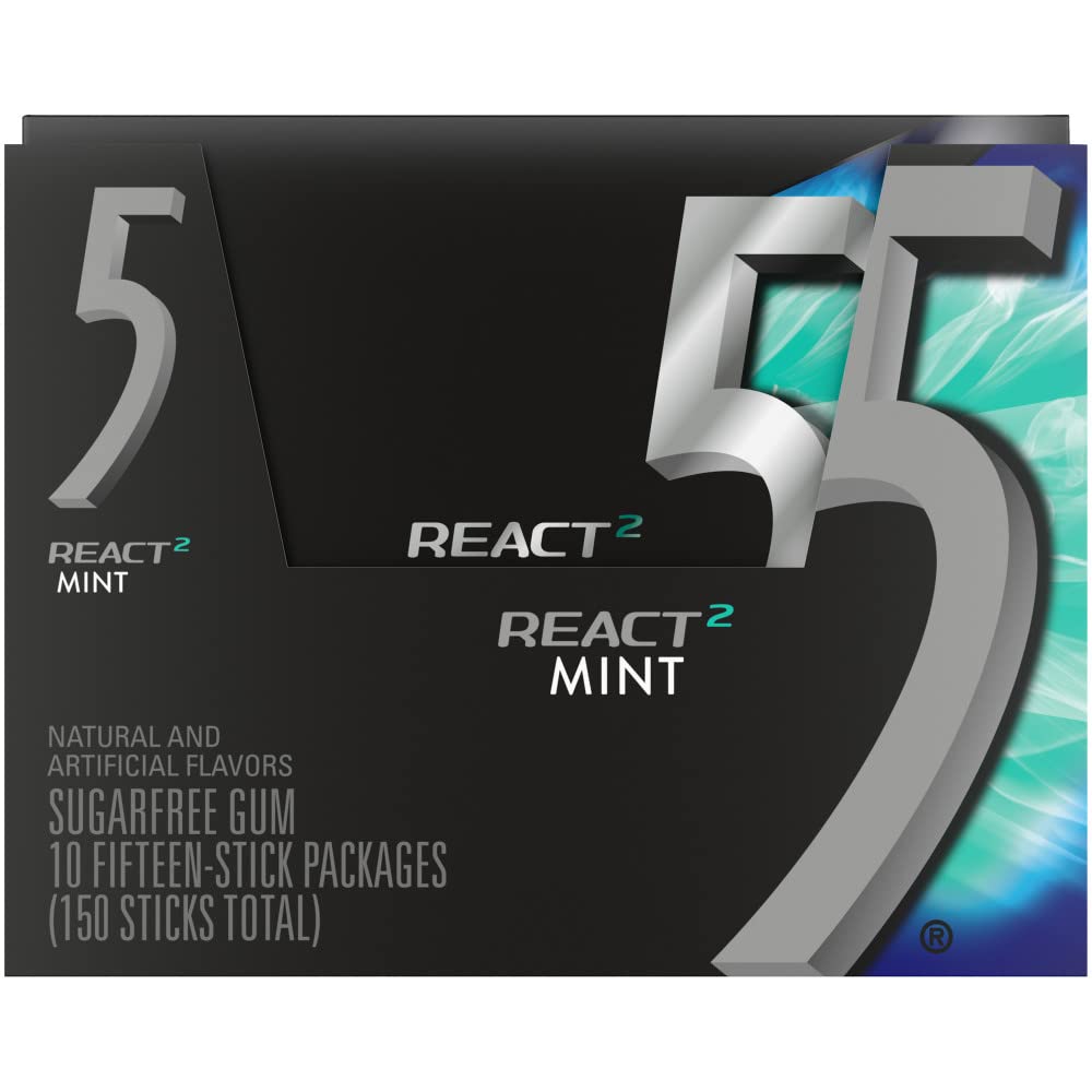 Wrigley's 5 Gum React Mint Sugar Free Chewing Gum - 10 Pack (15 Sticks Each) - Bulk Candy for Fresh Breath