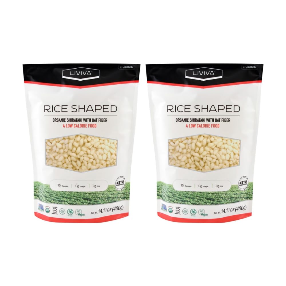 LIVIVA Organic Shirataki Konjac Rice Shaped Noodle 2 Pk (36.67 oz) - Diabetic-Friendly Low Carb, Low Calorie Pasta Noodles Ready