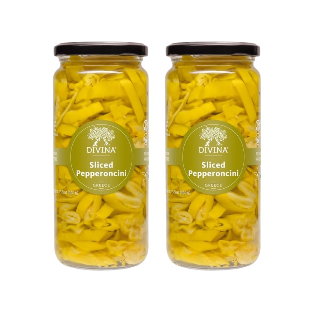 Divina Sliced Pepperoncini, 15.5 oz, 2-Pack, Ideal for Salads and Sandwiches