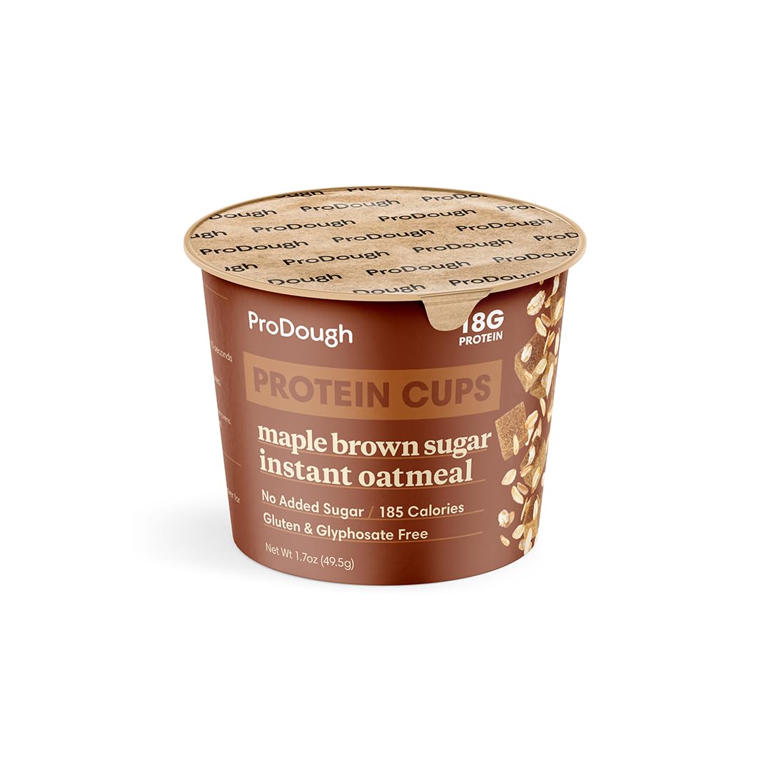 ProDough High Protein Instant Oatmeal Cup, 18g Protein, No Added Sugars, Low Carb, 12pk, Maple & Brown Sugar Flavor