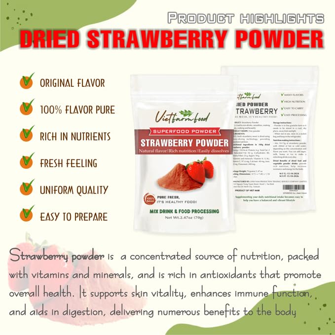 Strawberry Powder 2.47 Oz (70G) Vietfarmfood: Freeze-Dried Extracted From 100% Pure, Sugar-Free. Used To Mix Mixed Drinks Fresh