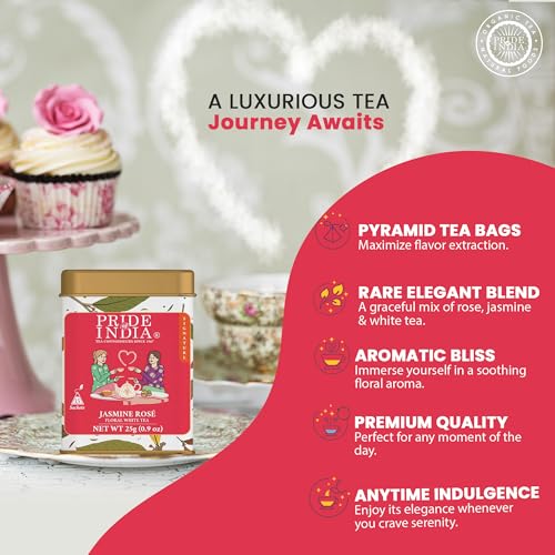 Pride Of India | Jasmine Rose Royal White Tea | 15 Pyramid Full Leaf Individually Wrapped Tea Bags | Smooth & Sweet Flavor | Soothing & Calming Experience | Less Caffeine, Non-Bioengineered