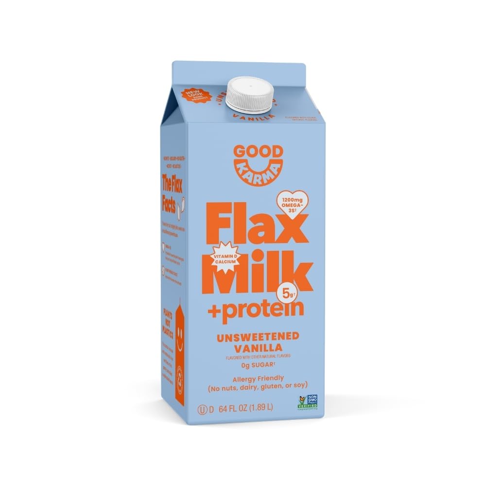 Good Karma Unsweetened Vanilla Flaxmilk +Protein, 64 Ounce, 5g Plant Protein + 1200mg Omega-3 Per Serving, Plant-Based Non-Dairy