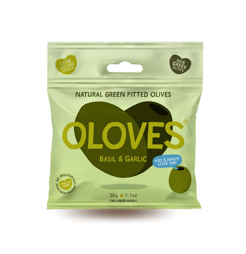 Poshi Green Pitted Olives | Basil & Garlic | Vegan, Kosher, Gluten Free + Keto Friendly, Fresh, Low Calorie Healthy Snacks | (30 Pack, 1.1Oz Bags)