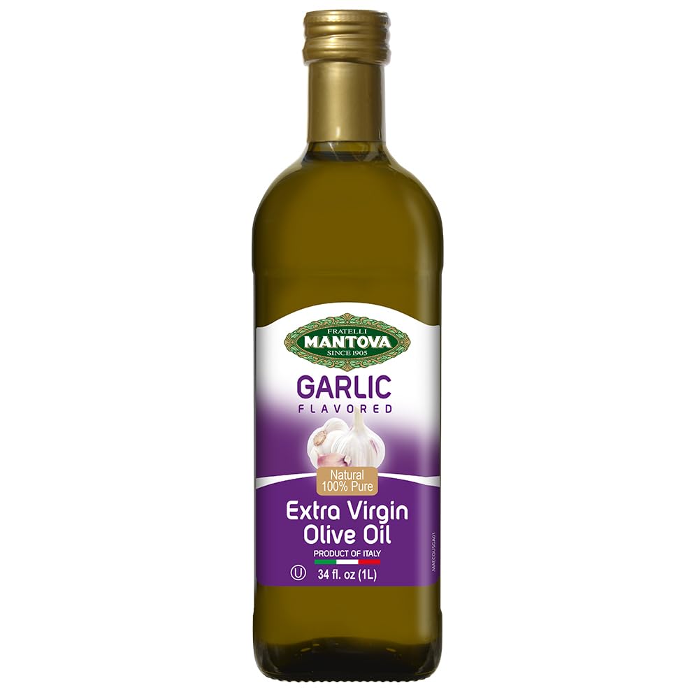 Mantova Garlic Extra Virgin Olive Oil (EVOO), Cold-Pressed, Imported from Italy. Topping for salad, vegetables, pasta salad. Per