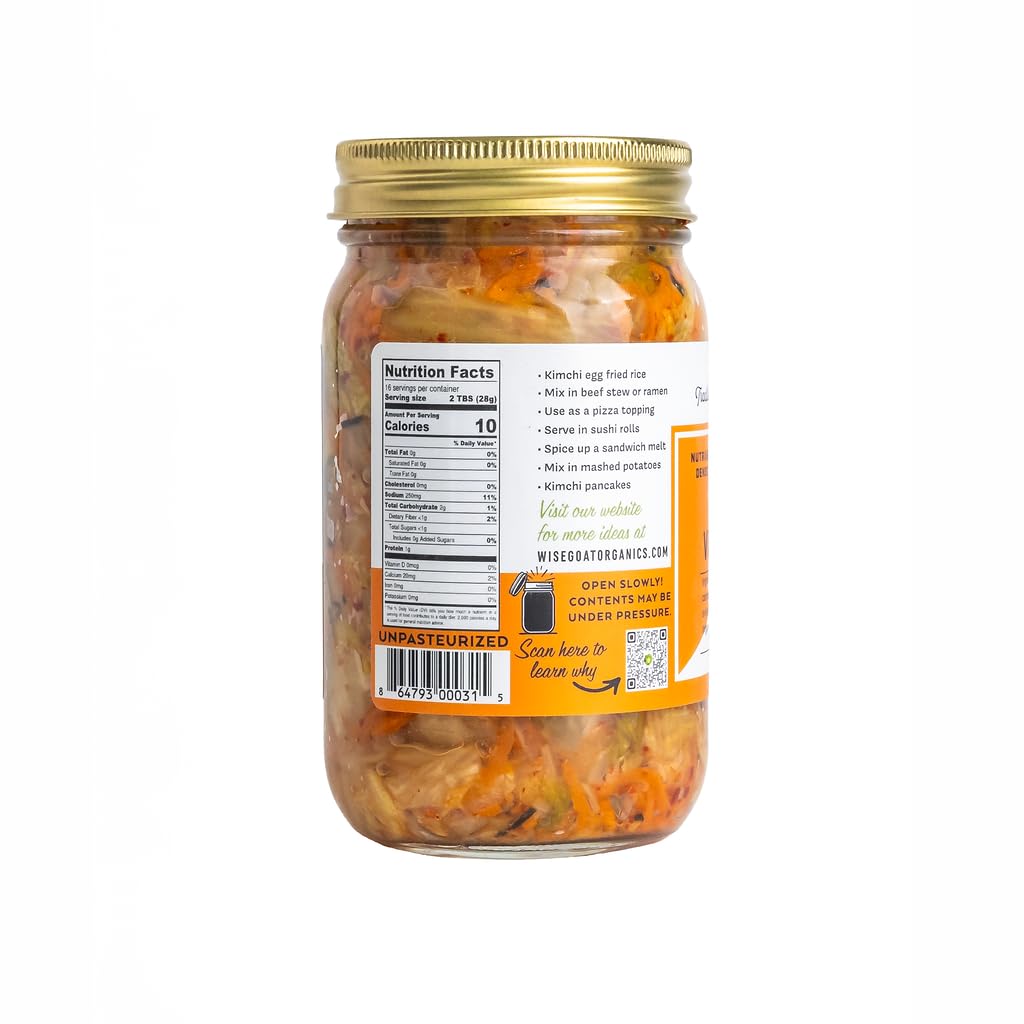 Certified Organic Raw Vegan Kimchi - Probiotic Rich, Paleo & Keto Friendly - 16oz Glass Jar by Wise Goat Organics