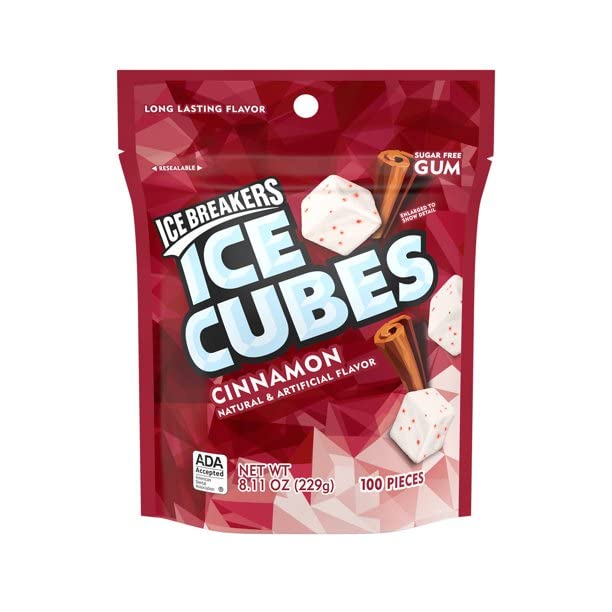 Ice Breakers Ice Cubes Cinnamon Sugar Free Chewing Gum Pouch, 8.11 Oz (100 Pieces)