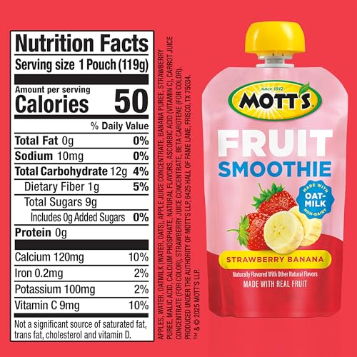 Motts Fruit Smoothies Strawberry Banana, 4.2 oz clear pouches, 8 Pack, Non-dairy, Made With Oatmilk, Made With Real Fruit, Good