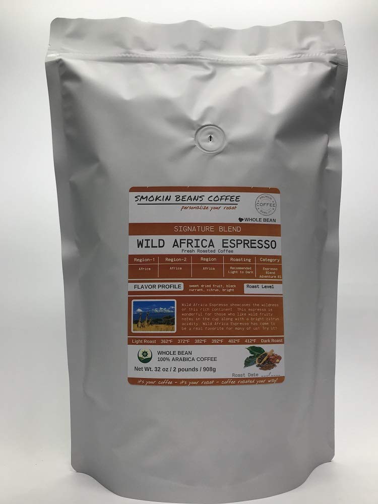 Smokin Beans Wild Africa Espresso Coffee, Light Roast, Whole Bean, 2-Pack (16 Ounce Total)