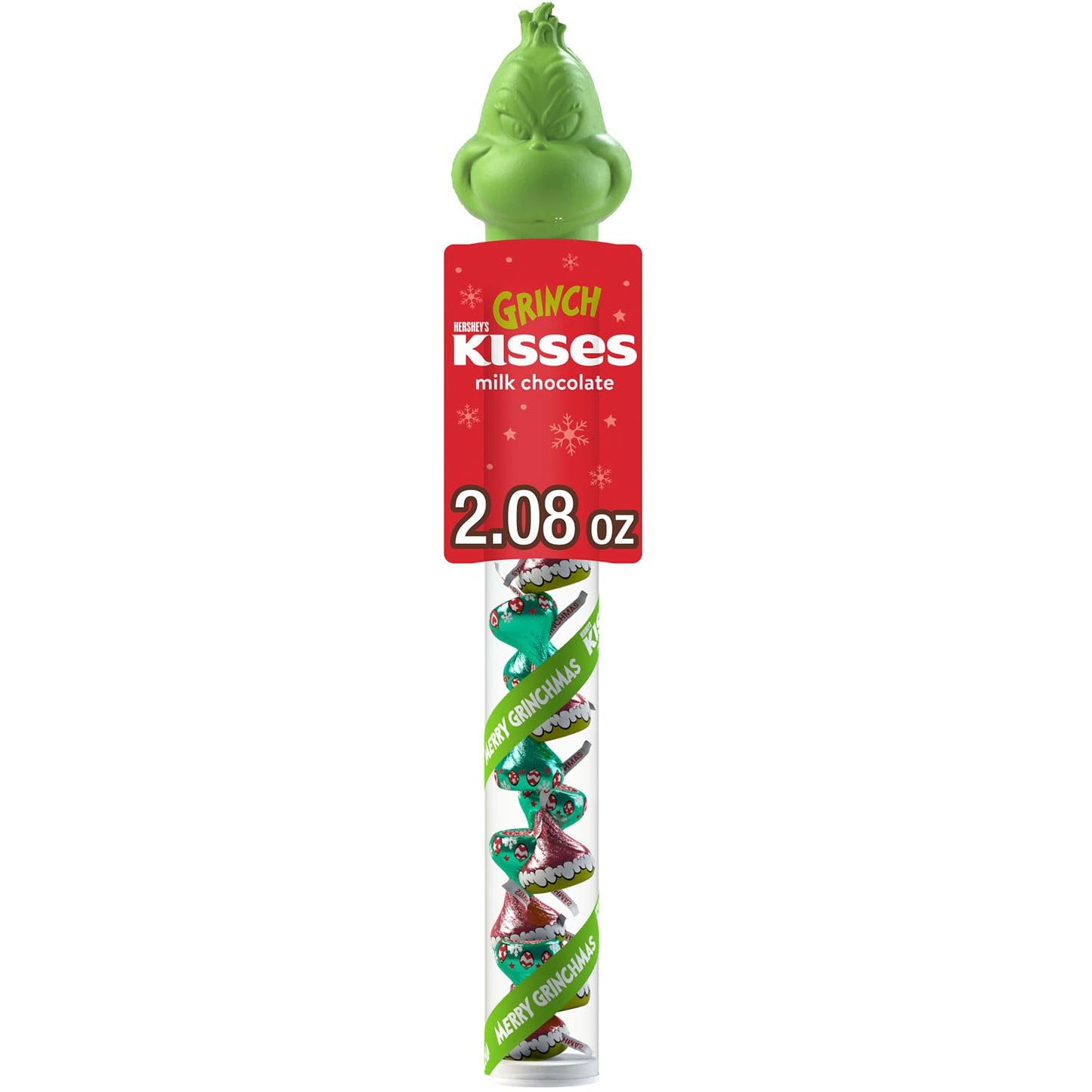 HERSHEYS KISSES Grinch Milk Chocolate Candy, Christmas, 2.08 oz Filled Plastic Cane