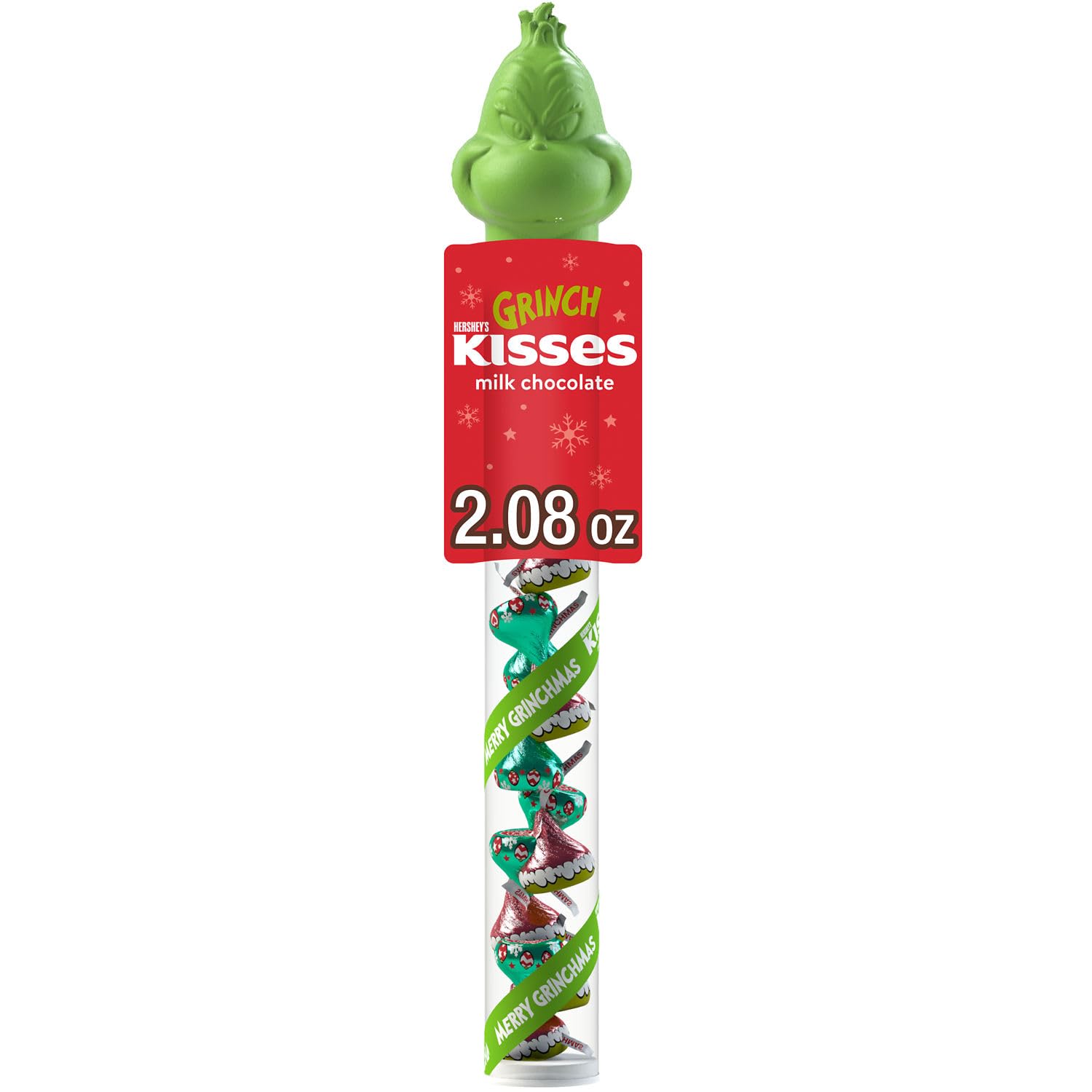 HERSHEYS KISSES Grinch Milk Chocolate Candy, Christmas, 2.08 oz Filled Plastic Cane