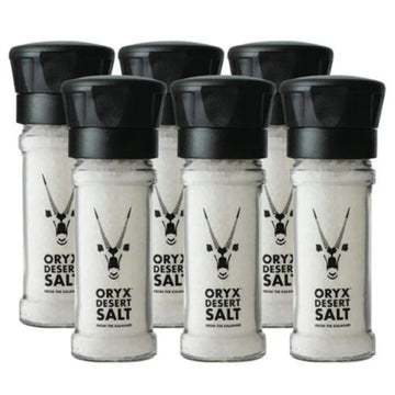 Oryx Desert Salt Grinder - 6 Pack - 3.52Oz - Refillable, Reusable +20X Ceramic Salt Grinder With Oryx Desert Salt, Naturally Organic, Kosher - Alternative To Sea Salt, Himalayan & Rock Salt - Kitchen Essential