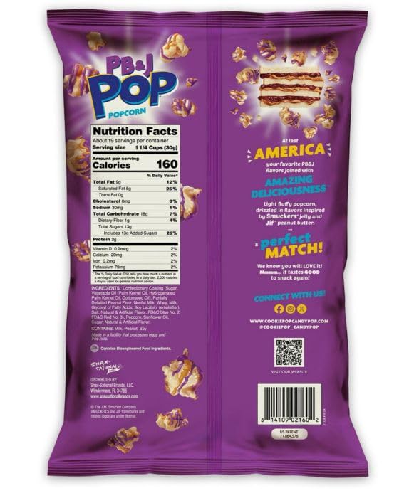 PB&J Pop Popcorn, Grape Peanut Butter and Jelly Flavored, 20 oz 1 Bag