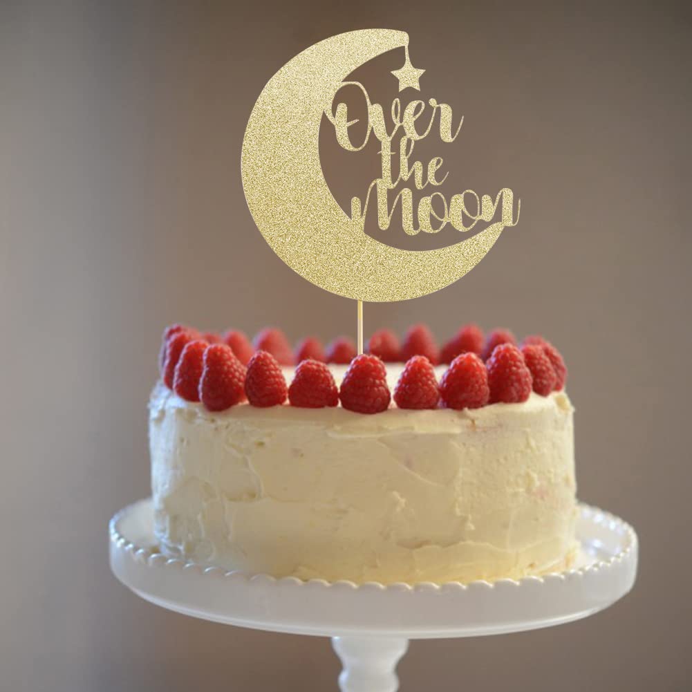 Over The Moon Cake Topper - Baby Shower, Gender Reveals Cake Top Hat, Birthday Party Decorations, Glitter Cardboard, Studio Phot