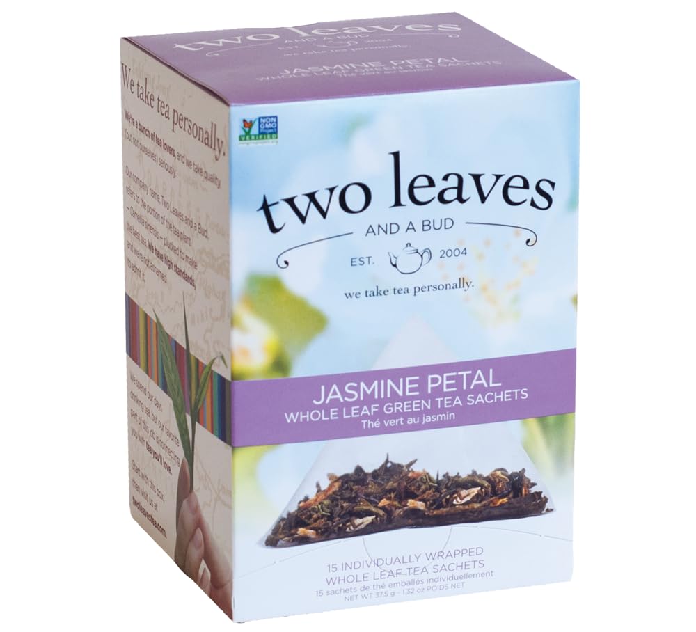 Two Leaves and a Bud Jasmine Green Tea Bags, Whole Leaf, Pyramid Sachets, 15 Count, Compostable, Model AX-AY-ABHI-03399