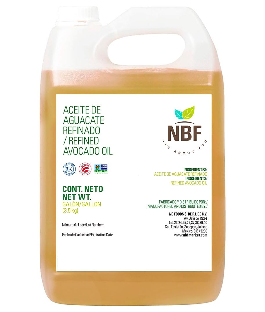 NBF  Avocado Oil  Refined  Avocado oil for cooking  Cold Pressed  Keto diet  Ideal for saut?ing  baking  frying  Made with good fats from avocados  For dressings & more  128 floz