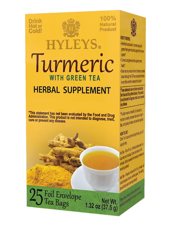 6 Pack Of Hyleys Wellness Turmeric With Green Tea - 25 Tea Bags (100% Natural, Sugar Free, Gluten Free & Non-Gmo), 150 Count