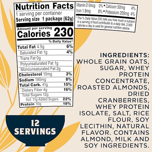 Quaker Protein Instant Oatmeal Express Cups, Cranberry Almond, 10g Protein, 2.18 Ounce (Pack of 12)