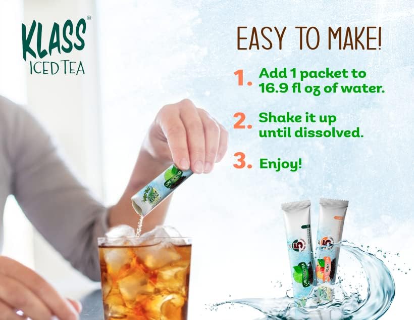 Klass Iced Tea Drink Mix - Sugar Free Variety Pack - Peach & Lime Black Tea On-The-Go! (44 Count Powder Stick Packs) 5 Calories Per Packet