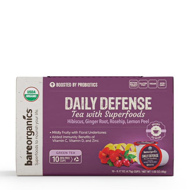 BareOrganics DAILY DEFENSE TEA (Organic) with superfoods and Probiotics  10ct single serve Cups