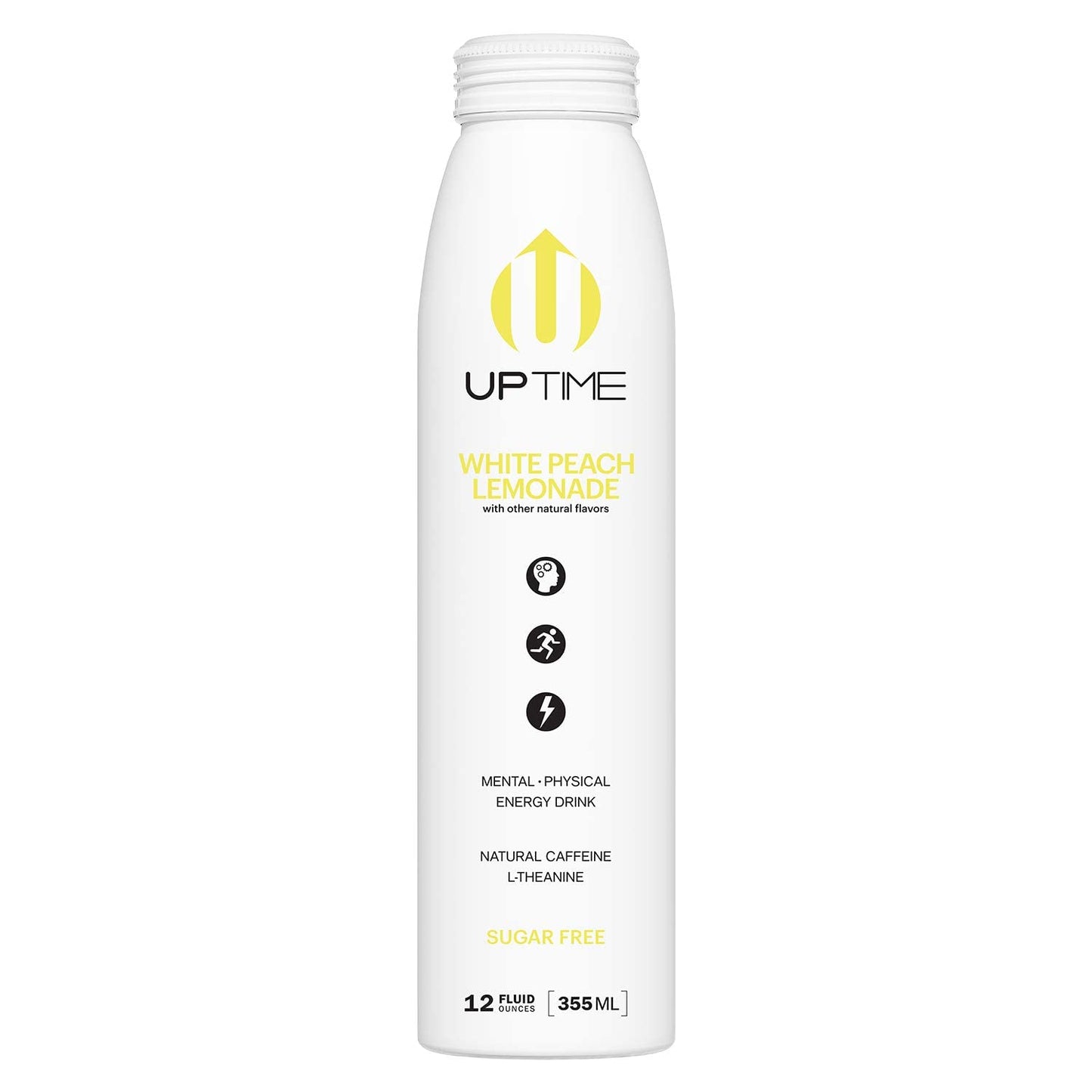 UPTIME Premium Energy Drink - White Peach Lemonade, Zero Sugar, 12oz Bottles, 12 Pack, Natural Caffeine, Sparkling, 5 Calories